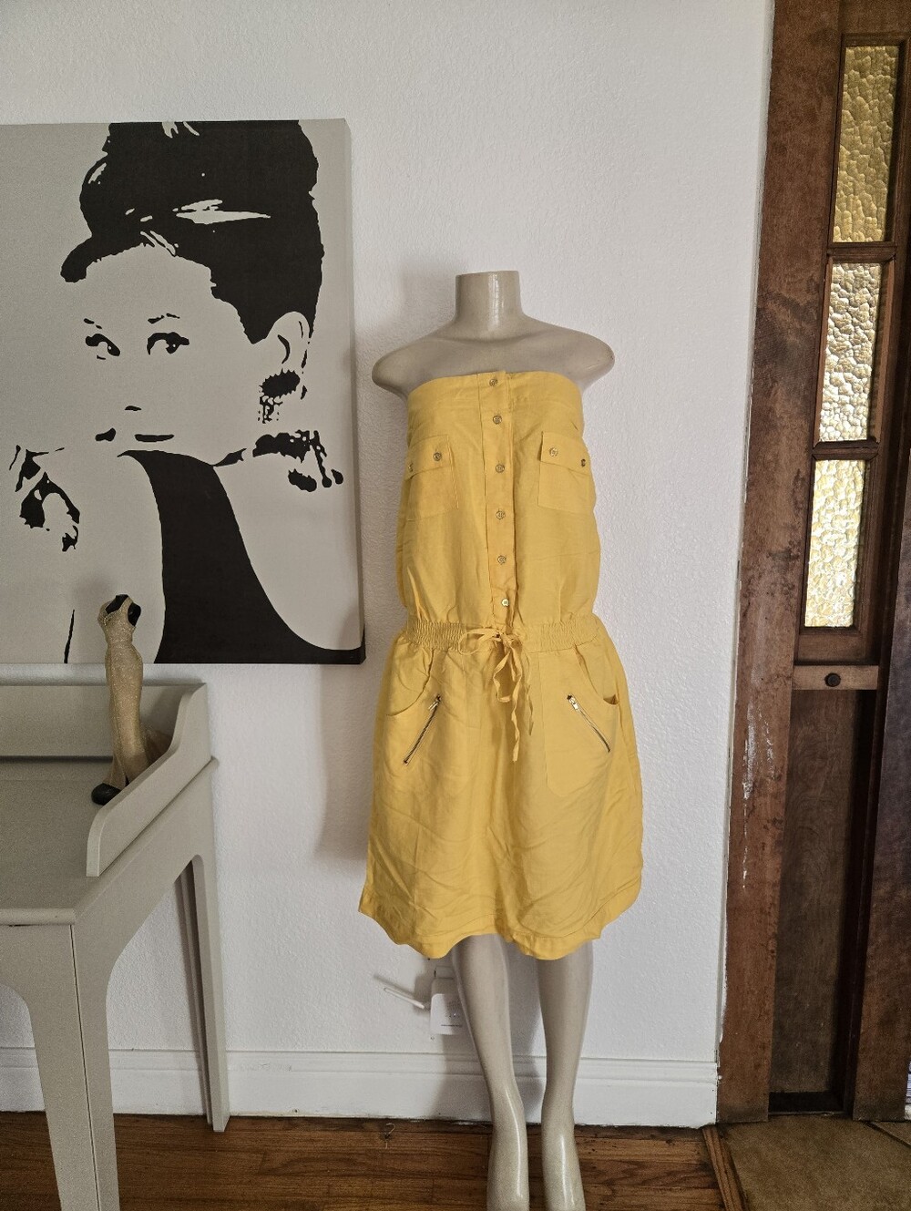 NWT Womens Ashley Stewart Yellow Strapless Button-Front Drawstring Dress Size 16